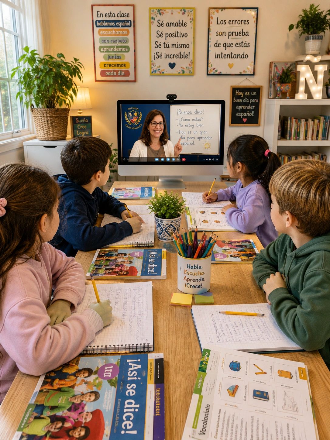 Children attending a virtual Spanish class with colorful educational posters.