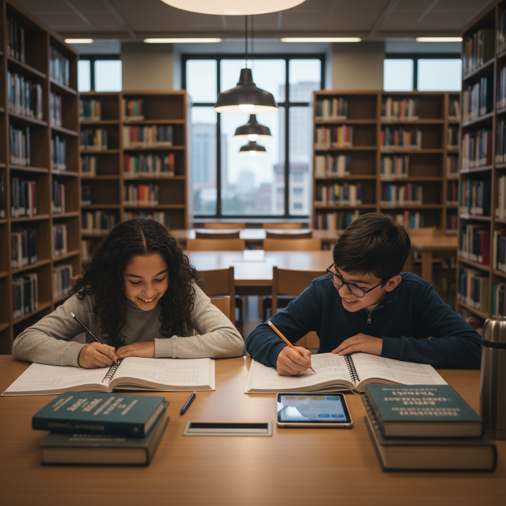 Two teenagers studying Spanish together in a public library