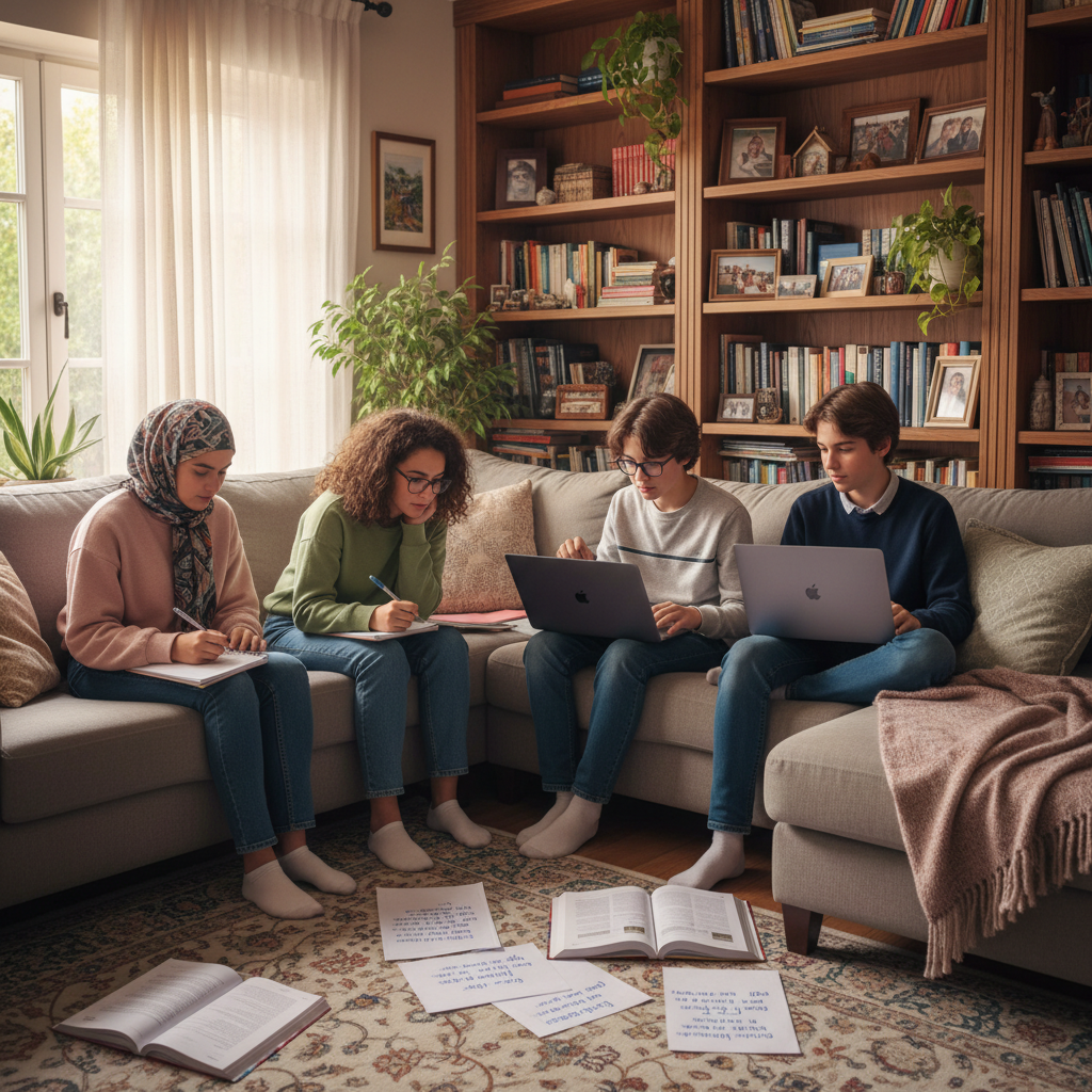Middle school teenagers collaborating on Spanish exercises at home