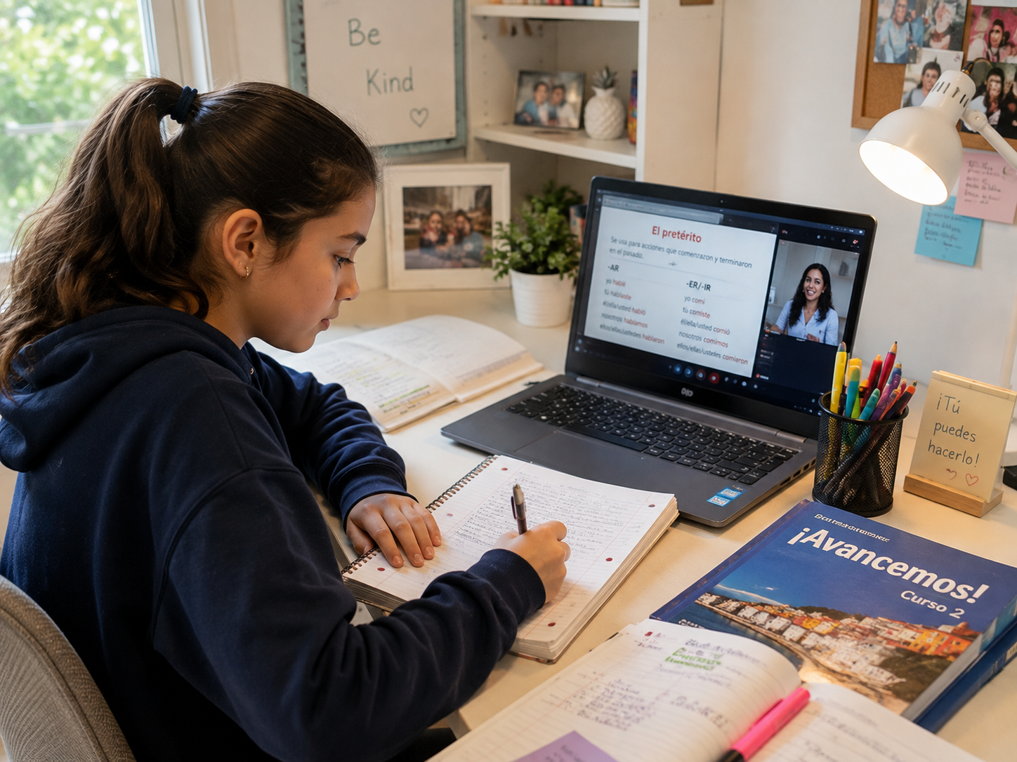 Middle school student studying Spanish at her desk with an open ¡Avancemos! textbook and a live online lesson on her laptop