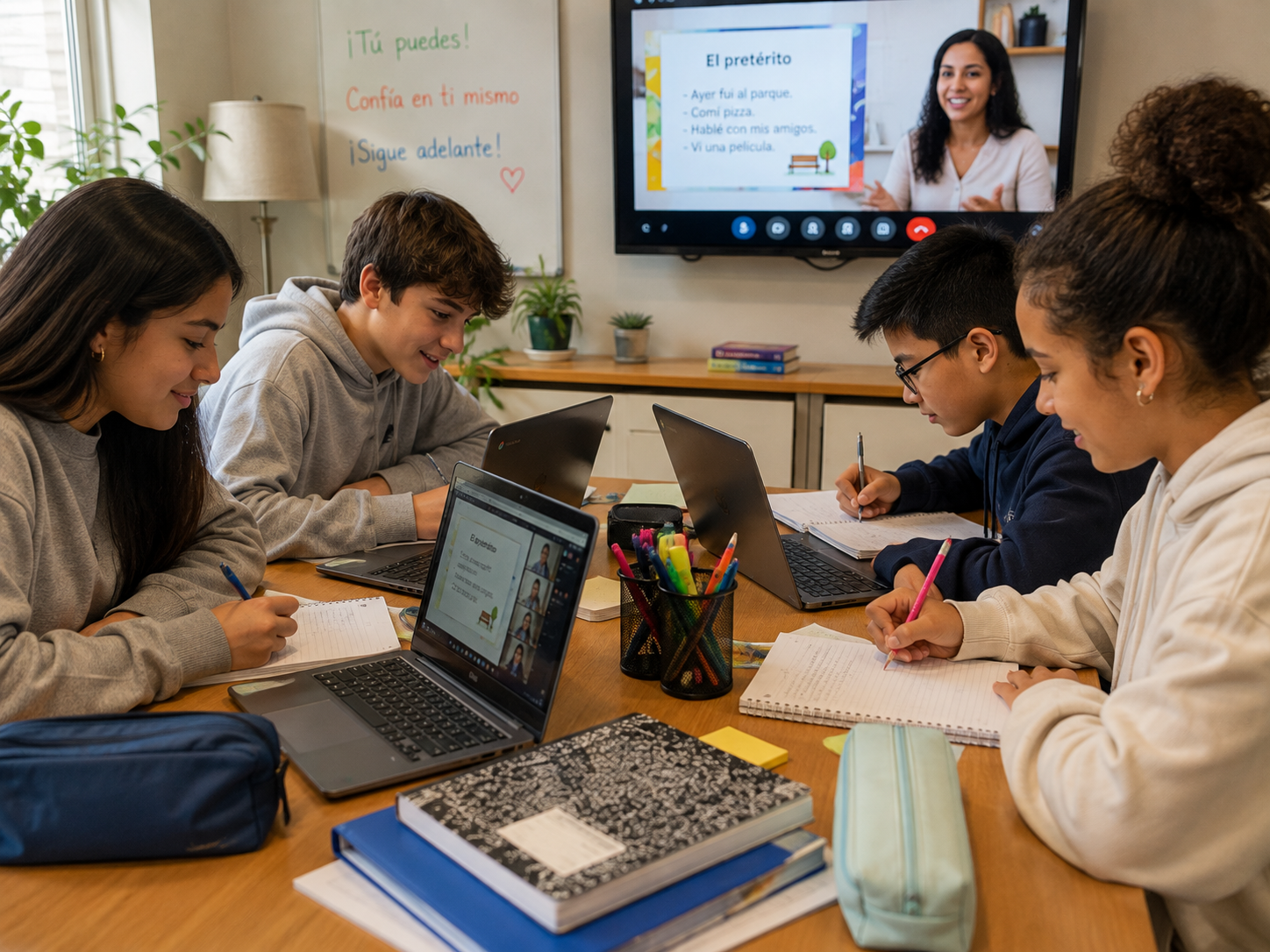 Four middle school students collaborating around a table with laptops and notebooks during a Spanish immersion lesson