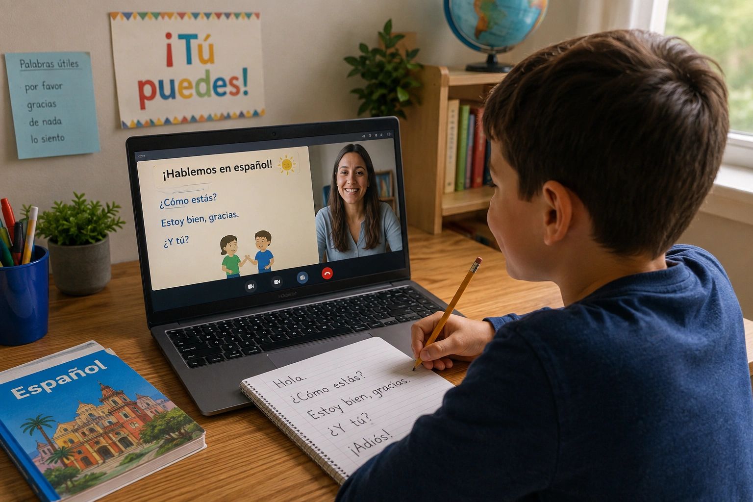Elementary school student engaged in Spanish language learning.
