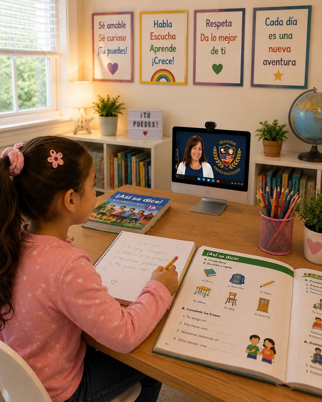 Girl learning Spanish online with supportive classroom posters.